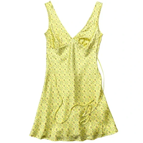 Frankies Bikinis Pink Floral Mini Dress Yellow Cottagecore S - Picture 4 of 9